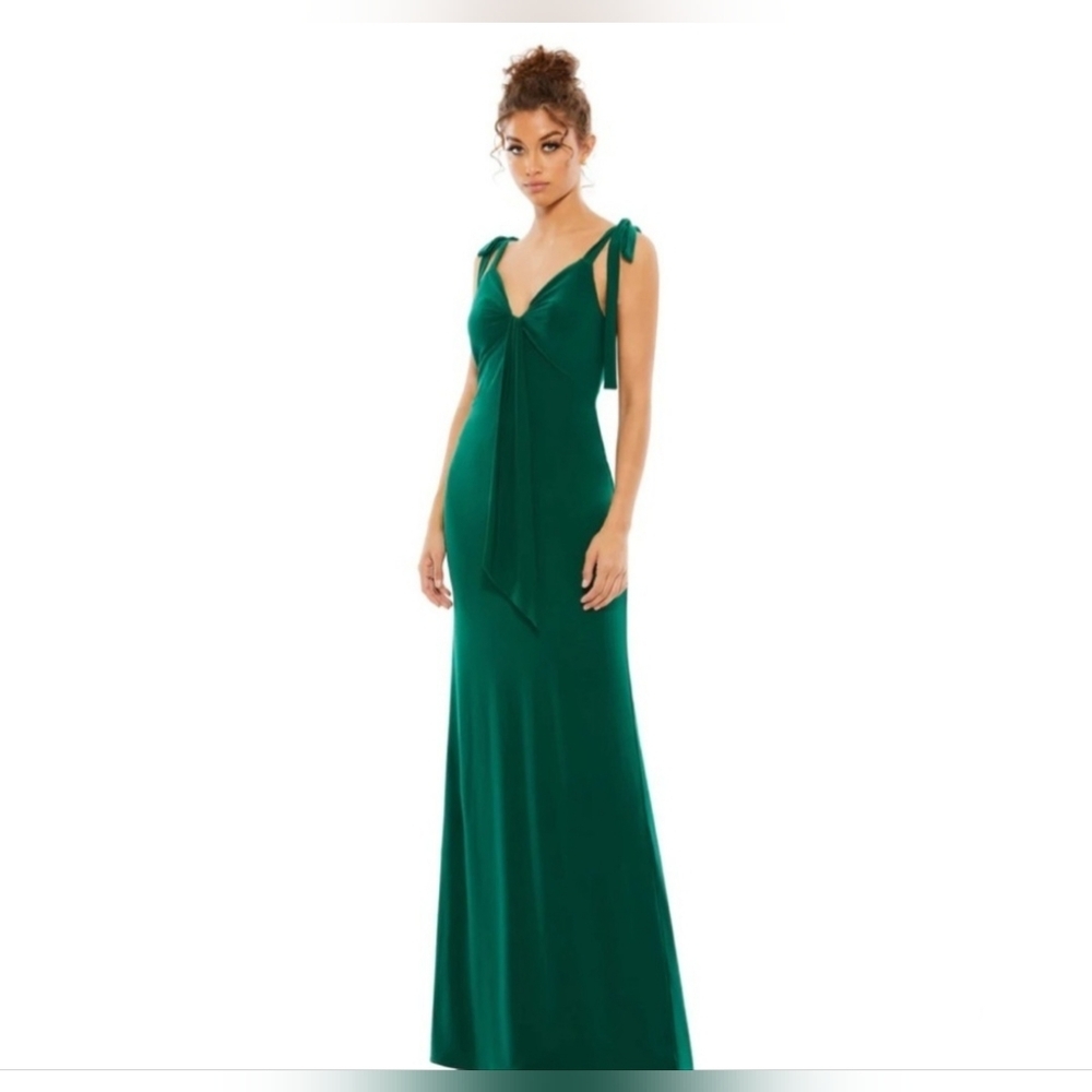 Mac Duggal Emerald Green Bow Tie Straps Maxi Dress- Great For HOMECOMING OR PROM